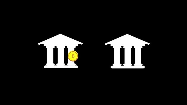 Bank buildings animation displays financial architecture with a currency coin. Commercial monetary banking investment telemetry routes on buildings. Systems use buildings.