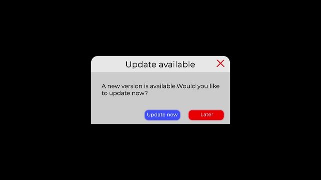 software update notification pop up with update now and later buttons motion graphics animation.