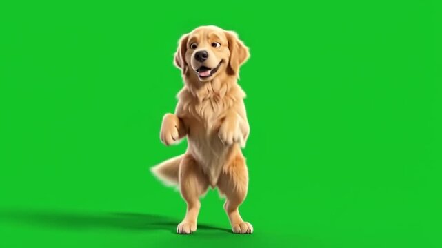 Golden retriever dog dancing on a bright green screen background animation