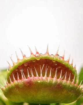 Macro close-up of Venus flytrap lobes with trigger hairs and dew