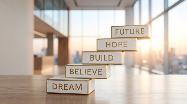 Wooden blocks arranged like a staircase with inspirational words displayed on a modern office desk