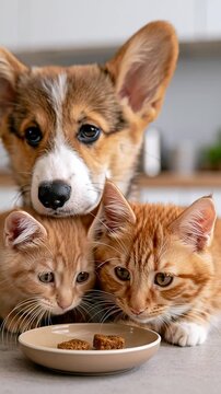 Corgi puppy and orange tabby kitten sitting side by side behind a snack dish in a kitchen