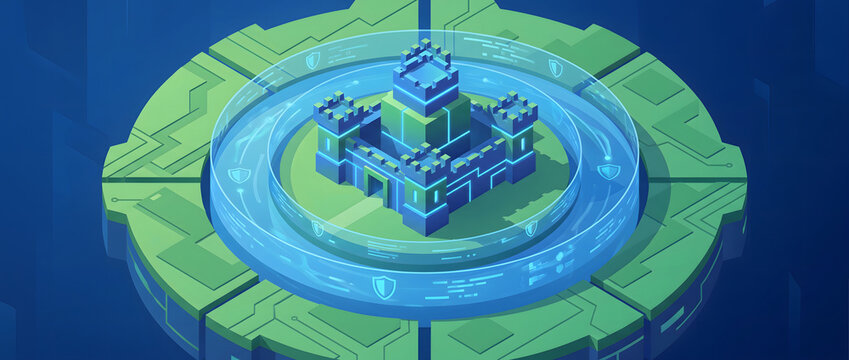blue 3d castle model on green digital platform