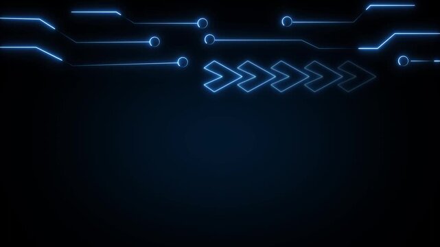 Circuit board animation displays directional navigation arrows on dark. Electronic processor hardware computing data routes on circuit board. Systems power board.