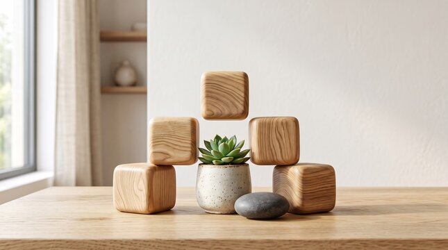 Wooden blocks stacked in a balanced arrangement with a small green succulent on a table with arranged balanced sculptural