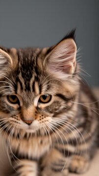 Brown tabby Maine Coon kitten reaching a fluffy paw toward the camera in a studio