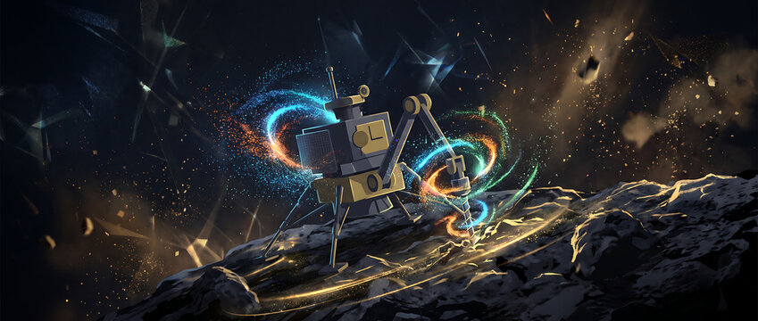robot mining minerals on alien planet surface