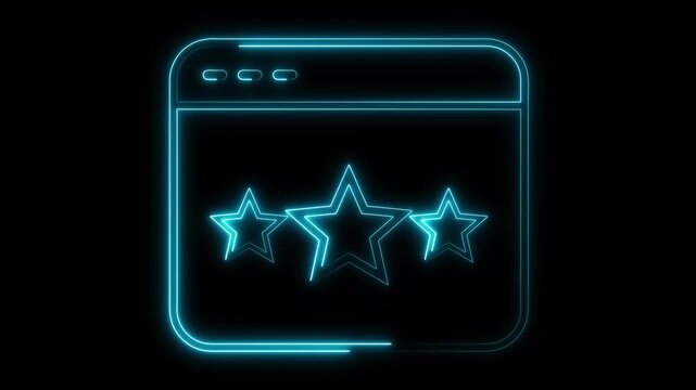 Browser window animation displays customer review rating stars on dark. Online service feedback evaluation telemetry routes on browser window. Portals use window.