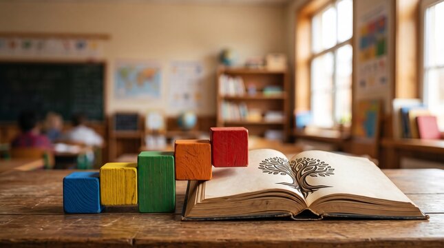 Colorful wooden blocks arranged like stairs leading to an open book on a classroom desk with decorative tree illustration