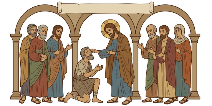 Milagros de Jesucristo, curaci&oacute;n del ciego Bartimeo. Estilo arte rom&aacute;nico