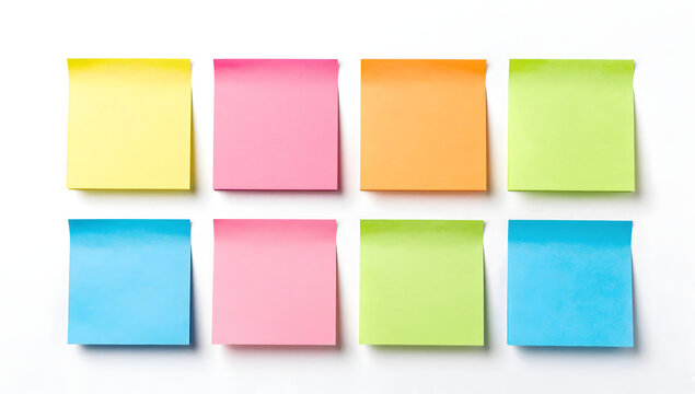 Colorful Sticky Notes Arranged Neatly: Eight vibrant sticky notes in yellow, pink, orange, green, and blue are neatly arranged in two rows, ready for jotting down important reminders or ideas.