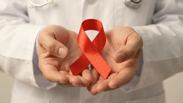 Red ribbon for aids hiv awareness held by physician hands