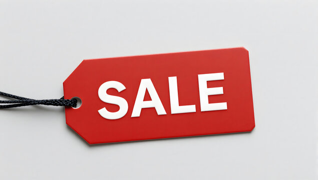 Red Sale Tag: A bright red sale tag with bold white lettering hangs on a subtle grey background, signaling an exciting discount and opportunity for shoppers.