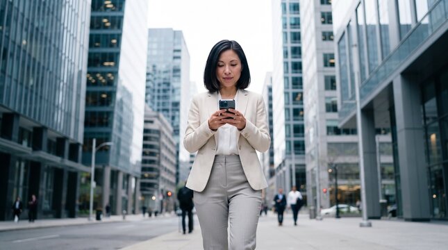 ESG concept: Asian businesswoman walking in sustainable modern smart city business district, using smartphone online app for eco friendly corporate mobility, governance and digital work.