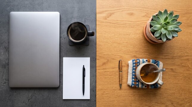 Split screen desk flat lay comparing corporate office and cozy home office with copy space, hybrid work concept
