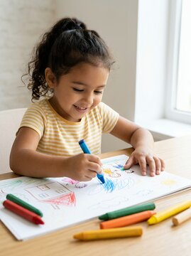 Young girl happily drawing with crayons at a table indoors.