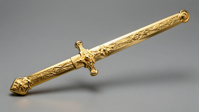 Ornate Golden Dagger: An exquisite golden dagger with intricate carvings adorns the hilt and blade, exuding an aura of ancient power and historical significance.