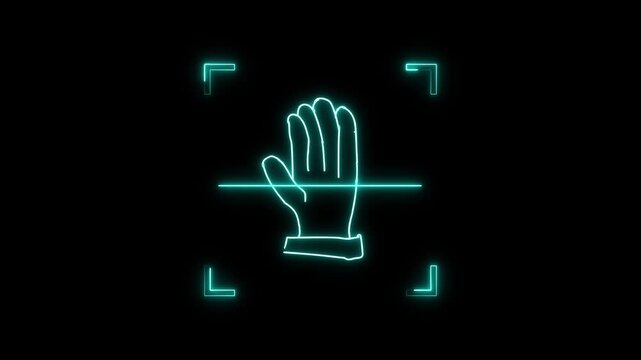 Hand scan animation displays biometric identification targeting marks. Personal access authentication telemetry validates through hand scan. Security uses hand scan.
