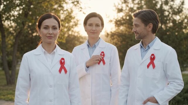 Healthcare professionals wearing red ribbons for aids hiv support campaign