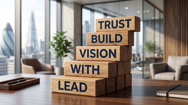Wooden blocks with motivational words stacked as a staircase on a desk in a modern office with staircase shape polished