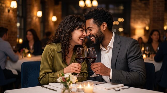 Smiling multiracial couple touching foreheads and drinking wine at candlelit dinner on Valentine's Day date night, happy black man and brunette woman celebrating anniversary in luxury restaurant.