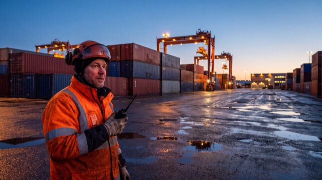 Port worker in orange high visibility jacket holding radio at container terminal at dusk, gantry cranes and wet asphalt