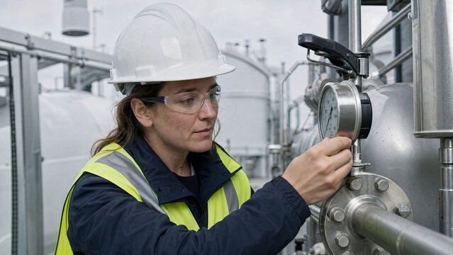 Technician woman inspecting pressure gauge on stainless steel pipes at hydrogen electrolysis facility, energy transition
