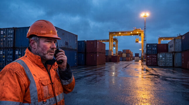 Dock worker talking on walkie talkie at container yard in evening, logistics and shipping terminal with gantry cranes