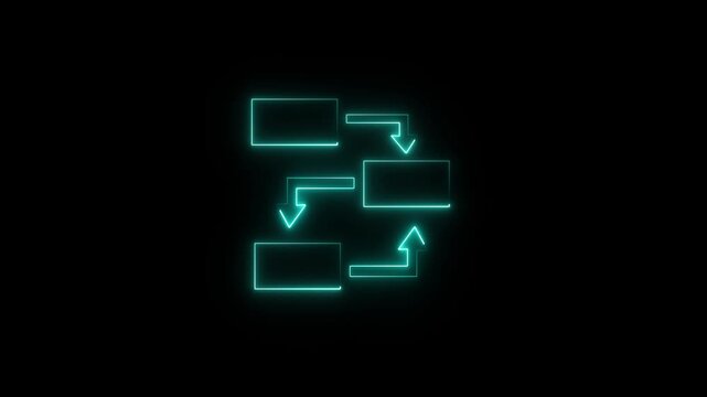 Flowchart animation displays process decision rectangles and arrows on dark. System workflow planning telemetry coordinates guide flowchart. Consoles operate with flowchart.