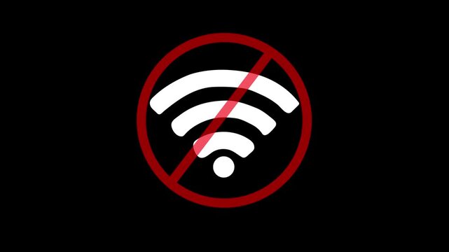 Wi-Fi symbol animation displays a circular prohibition slash on dark. Wireless network disconnection telemetry routes across Wi-Fi symbol. Consoles use active symbol.