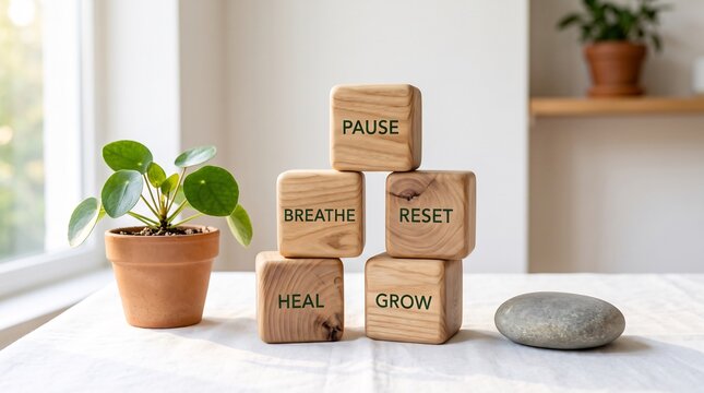 Stacked wooden blocks with wellness words on a table with a small houseplant with arranged white surface