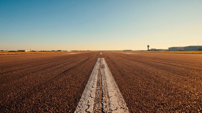 Low angle view of airport runway paint line stretching toward warm sunset horizon, representing financial trajectory, corporate roadmap, goal achievement and disciplined long term business plan.