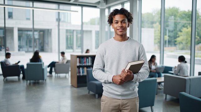 Portrait of a smiling young male student with curly hair holding a textbook on modern university campus, entering as an ambitious freshman applicant preparing for higher academic education.