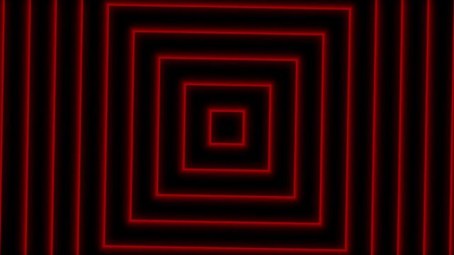 Concentric squares animation creates a spatial tunnel effect on dark. Geometric optical motion telemetry coordinates guide concentric squares. Video suites use squares.