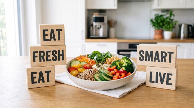 A healthy bowl of salad with fresh vegetables and grains sitting on a wooden table in a bright kitchen