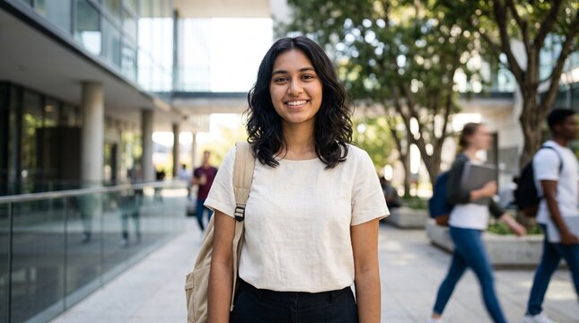 Cheerful young Indian female student smiling outdoors on university campus, happy girl enjoying extracurricular campus activities, student lifestyle, diversity and higher education study.