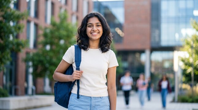Smiling young Indian female student with backpack standing outside modern university campus building, cheerful teenage freshman girl ready for college classes and high education study.