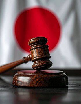 Elegant wooden judge gavel on desk with Japanese flag softly blurred behind it, professional law office, serious legal atmosphere, close-up.