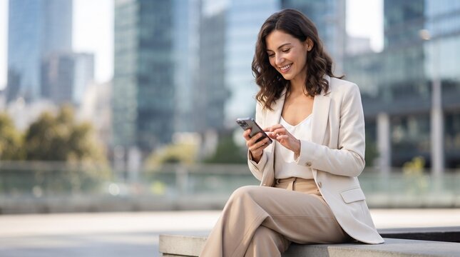 Smiling attractive businesswoman using smartphone outside modern glass office building, checking financial news, online mobile communication, digital networking, modern corporate lifestyle.