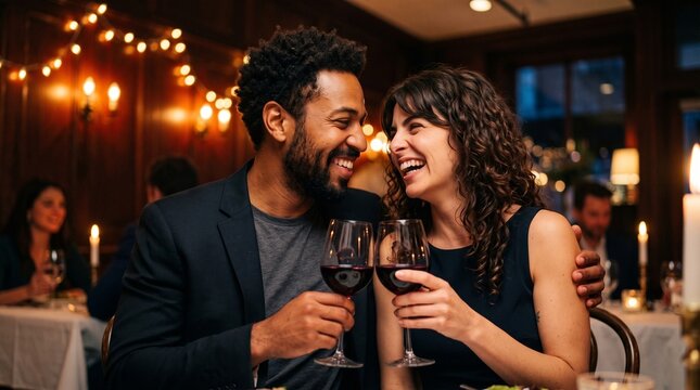 Romantic interracial couple laughing and drinking red wine during an intimate anniversary dinner date in a cozy warm illuminated restaurant, perfect for romantic hospitality campaign