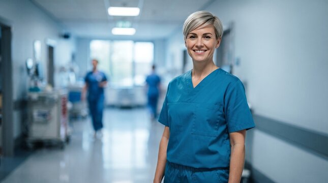 Portrait of happy confident blonde female nurse in blue scrubs smiling in modern hospital corridor background, medical healthcare staff concept for clinic website, insurance and brochure.