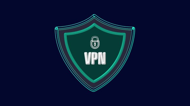 VPN shield animation displays an encrypted padlock and network nodes on dark. Data protection data routes on shield. Access defense consoles operate with shield.