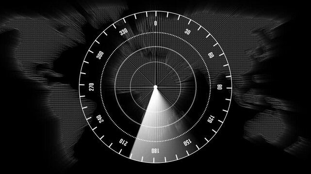 Radar scope animation sweeps optical detection beams over world map. Global surveillance monitoring telemetry routes across active radar scope. Consoles use scope.