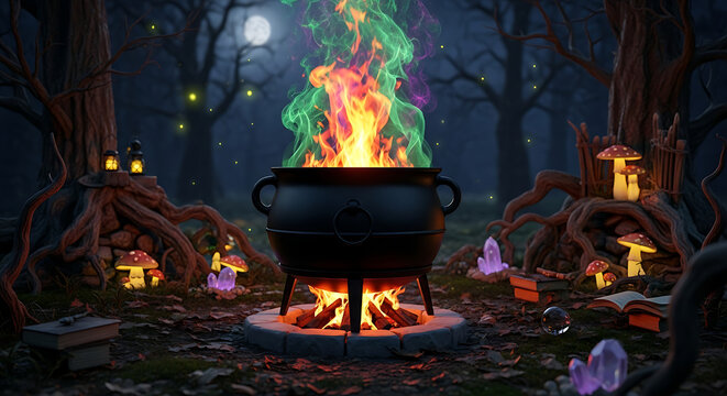 A black iron cauldron boiling with magical colorful flames in a dark mystical forest