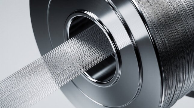 Close up of silver metallic wire on large industrial spool. Shiny metal filament unwinds from steel reel for manufacturing process. Fine silver thread used in electronics production, engineering