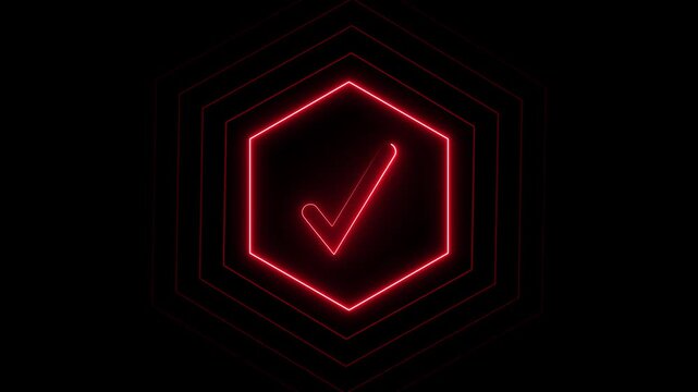 Hexagon outline animation displays an approved check mark symbol on dark. Verification data validates on hexagon outline. Compliance consoles operate with outline.