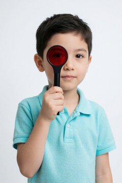 Young boy holds red magnifying glass over one eye. Child on eye exam with Maddox rod tool for optometry test. Little person checks vision in clinic. Medical checkup for ocular health, heterophoria