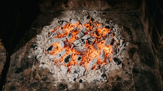 Glowing Embers and Ash in a Dark Fire Pit.