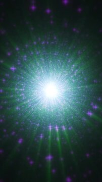 Explosive abstract animation featuring a bright glowing core emitting green light rays and magical purple star particles. Perfect for celebrations, fantasy magic, and cosmic events.