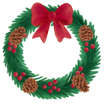 Christmas Wreath Illustration with Red Bow Pinecone and Berries Isolated on Transparent Background